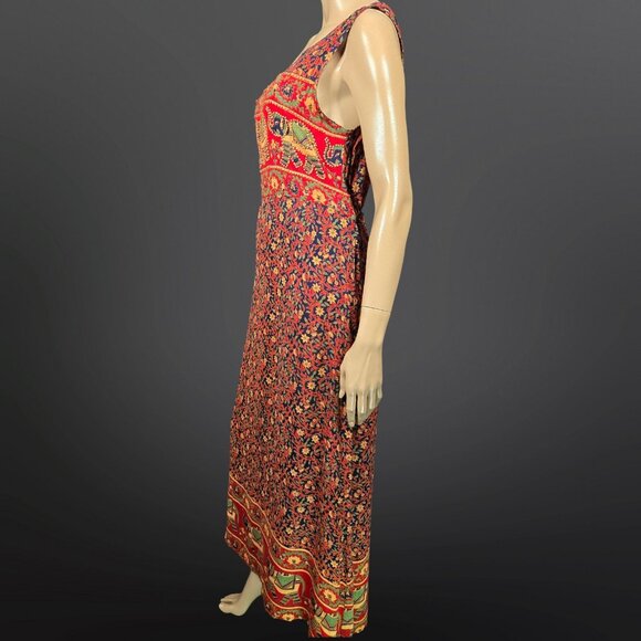 Vintage 90s Boho Maxi Granny Dress Size M Beaded Elephant Print Red Floral Rayon - Picture 6 of 11